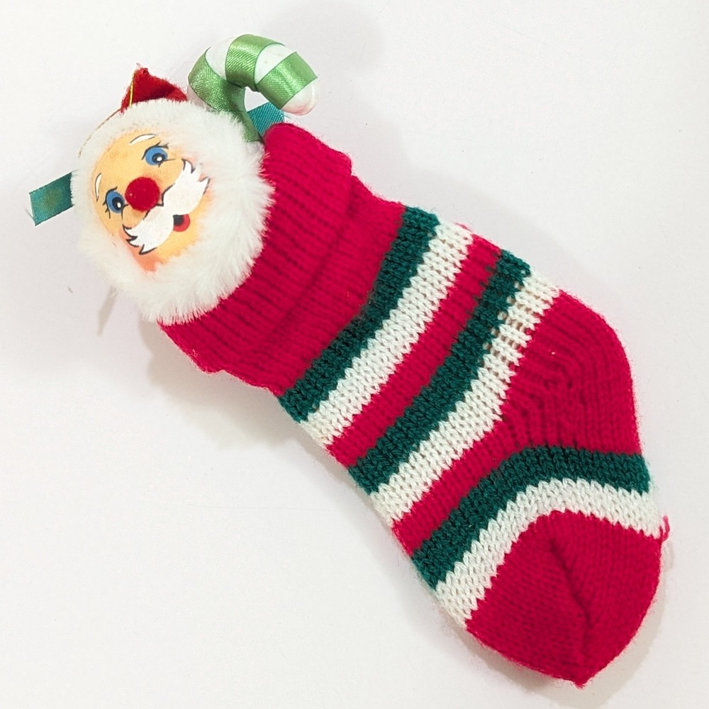 Vintage Felt Santa Christmas Striped Stocking 6.5" Ornament Knit Kitchy Taiwan